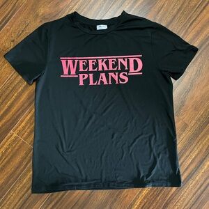 Ardene women’s medium graphic tee, ‘Weekend Plans’, black and red